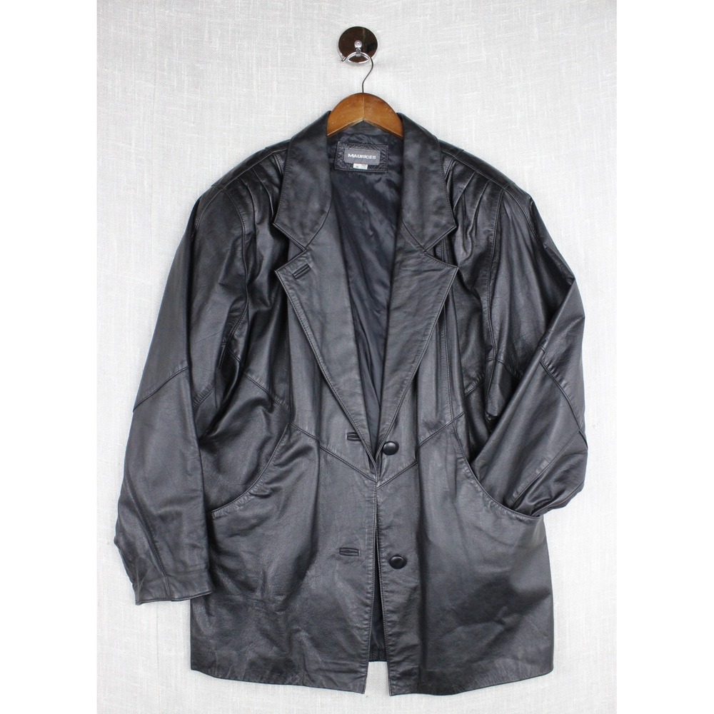 90s Maurices Vintage Black Genuine Leather Jacket Size Medium Notched Lapel